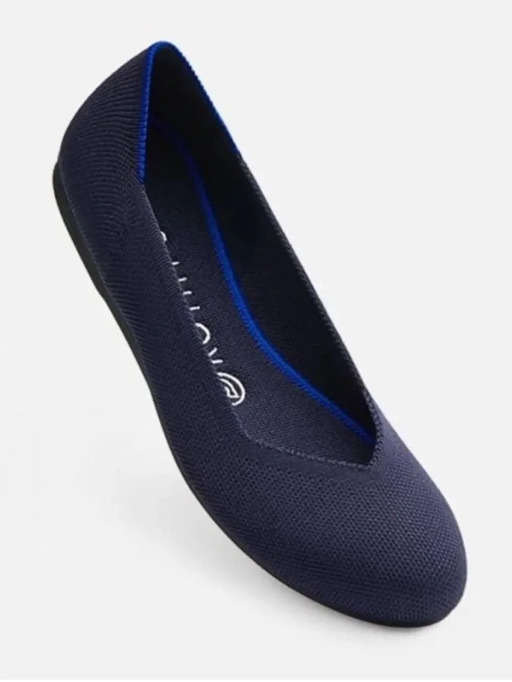 Rothy's Black Knit Pointed Flats with Blue Trim and Lime Insoles